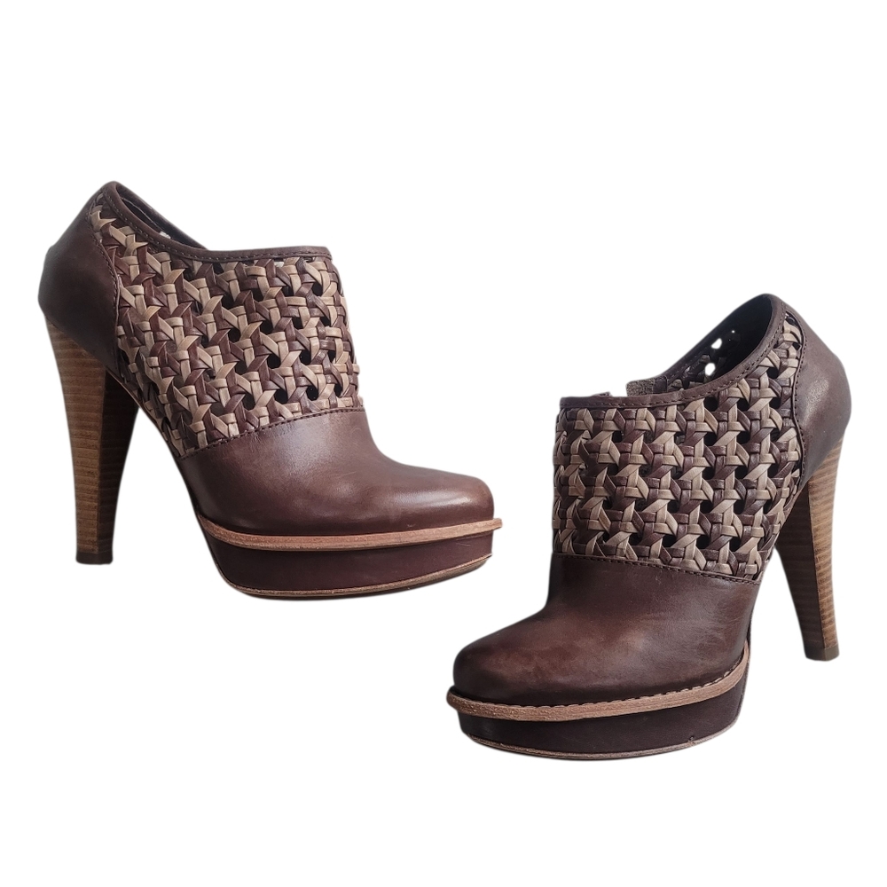UGG Fatima Brown Woven Leather Heeled Booties Size 7.5 - Picture 2 of 14